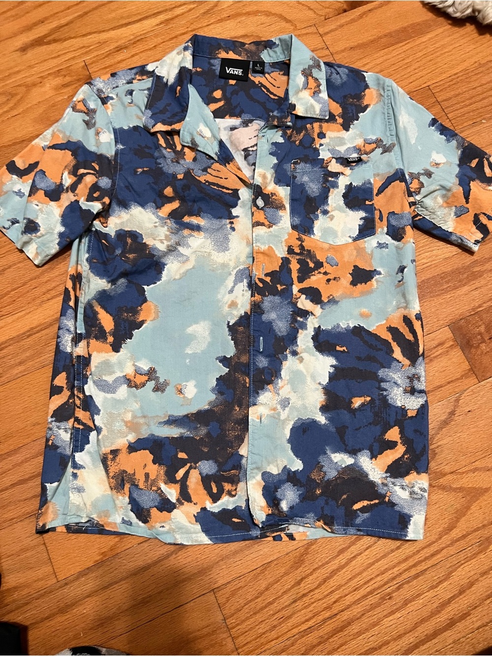 Vans Boys Short Sleeve Button-Up Shirt — Light Blue, Navy & Orange Abstract